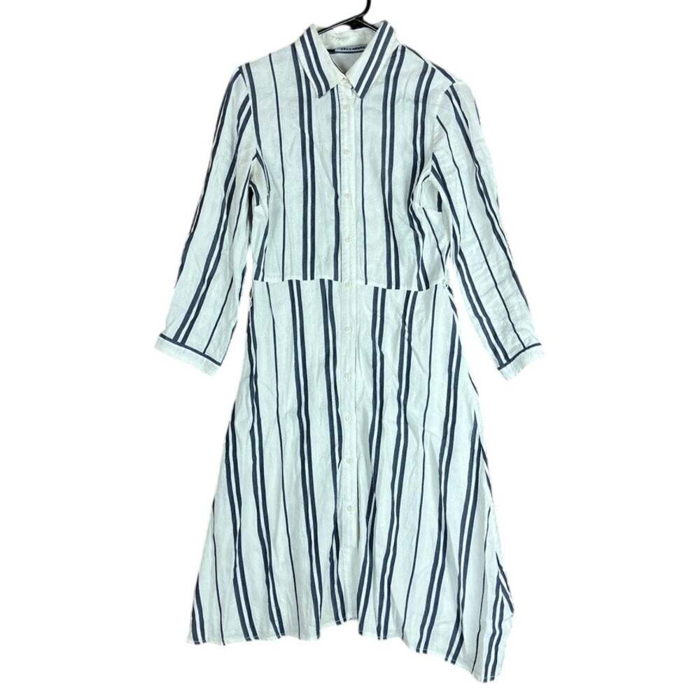Zara Womens Dress Cream Blue Striped Collared Button Down Long Sleeve Small